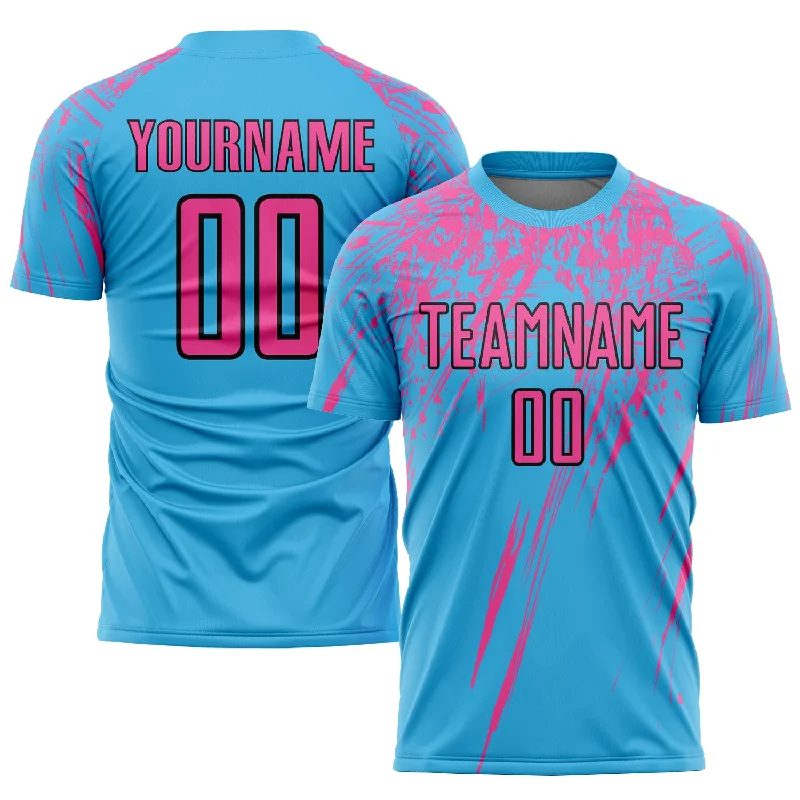 Football Jersey With Unique Player Numbering-Custom Sky Blue Pink-Black Sublimation Soccer Uniform Jersey