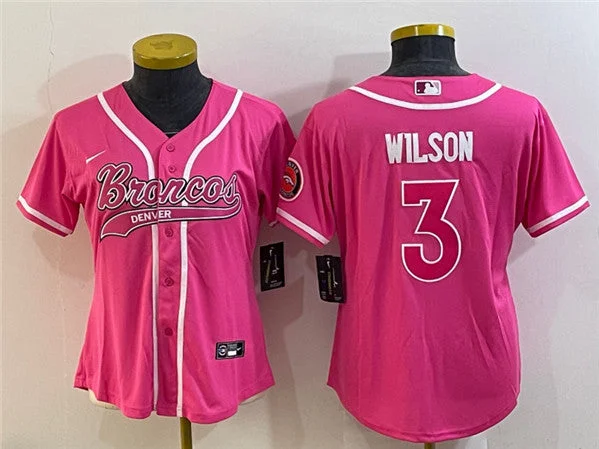 Baseball Jersey With Custom Logo Design-Women's Denver Broncos #3 Russell Wilson Pink With Patch Cool Base Stitched Baseball Jersey(Run Small)