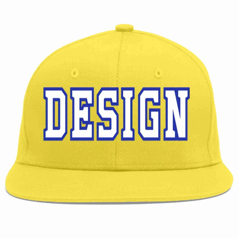 Baseball Cap For Team Merchandise-Custom Light Gold White-Royal Flat Eaves Sport Baseball Cap Design for Men/Women/Youth