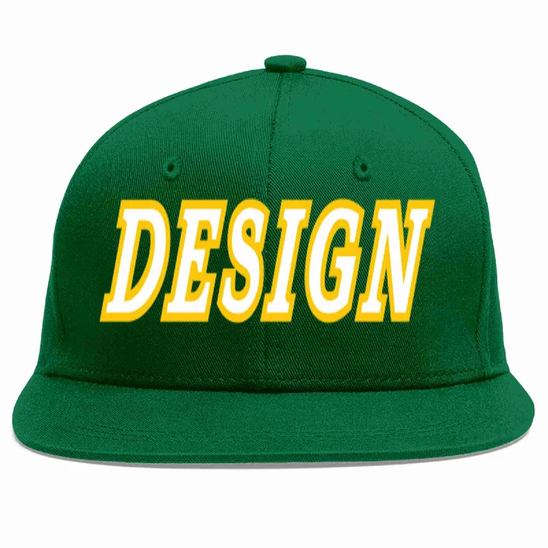 Baseball Cap For Team Loyalty-Custom Green White-Gold Flat Eaves Sport Baseball Cap Design for Men/Women/Youth