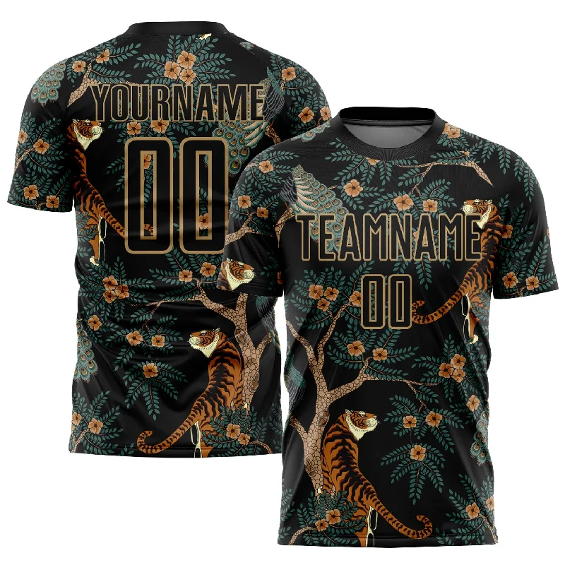 Football Jersey For Limited-Time Custom Orders-Custom Black Old Gold Tiger And Peacock Sublimation Soccer Uniform Jersey