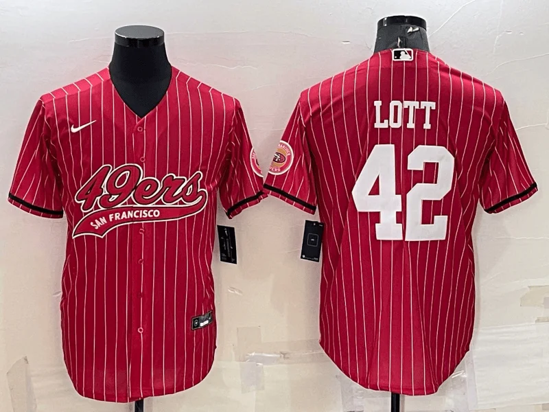 Baseball Jersey For Adults-Men's San Francisco 49ers #42 Ronnie Lott Red Pinstripe With Patch Cool Base Stitched Baseball Jersey