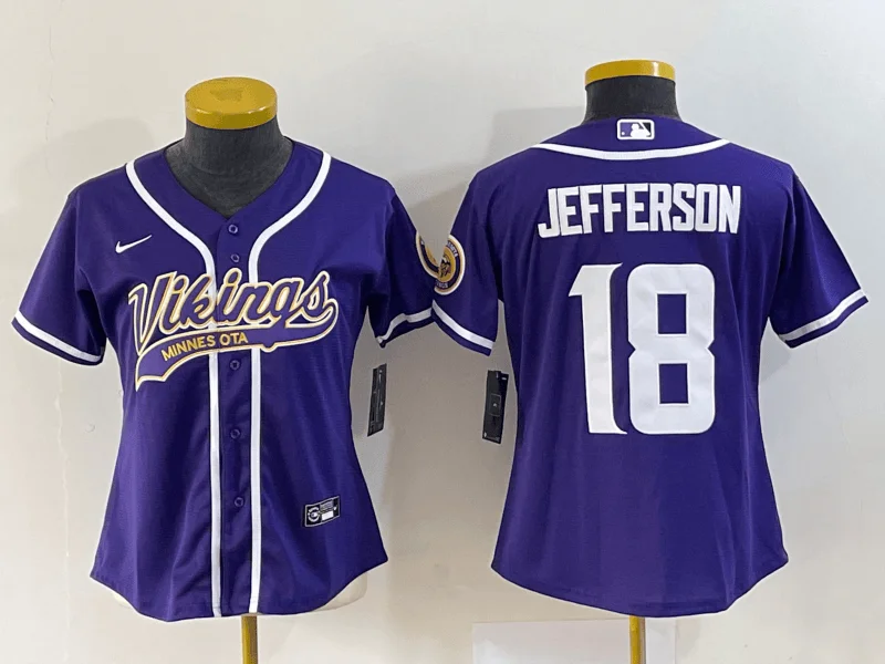 Baseball Jersey With Custom Patch Designs-Women's Minnesota Vikings #18 Justin Jefferson Purple With Patch Cool Base Stitched Baseball Jersey(Run Small)