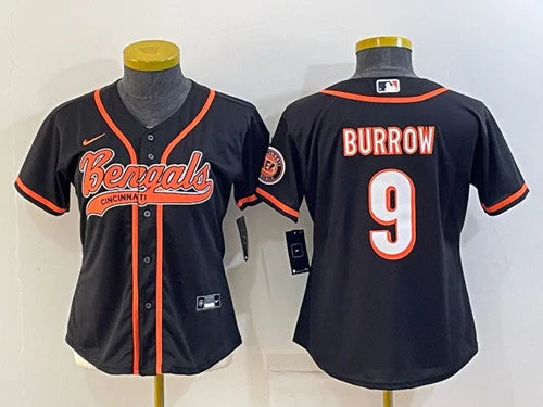 Baseball Jersey For Major League Teams-Women's Cincinnati Bengals #9 Joe Burrow Black With Patch Cool Base Stitched Baseball Jersey(Run Small)