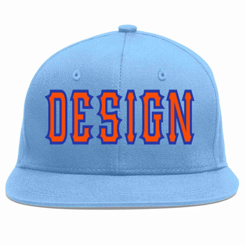 Baseball Cap For Custom Embroidery Designs-Custom Light Blue Orange-Royal Flat Eaves Sport Baseball Cap Design for Men/Women/Youth