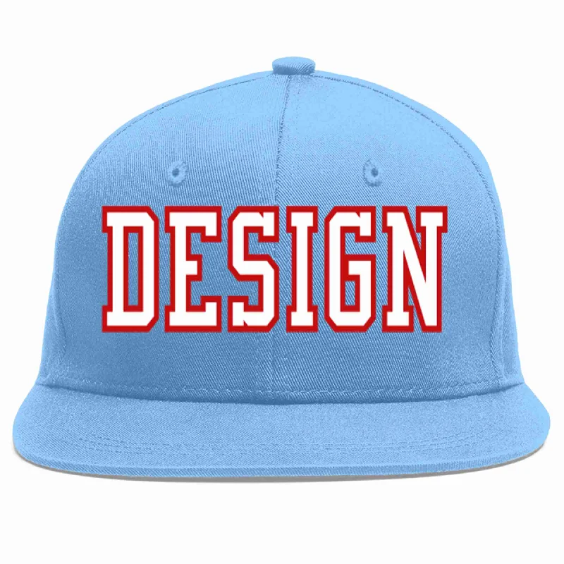 Baseball Cap With Custom Embroidered Logos-Custom Light Blue White-Red Flat Eaves Sport Baseball Cap Design for Men/Women/Youth