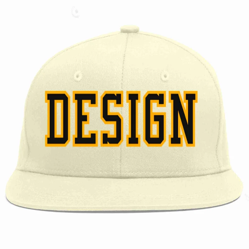 Baseball Cap For Professional Teams-Custom Cream Black-Yellow Flat Eaves Sport Baseball Cap Design for Men/Women/Youth