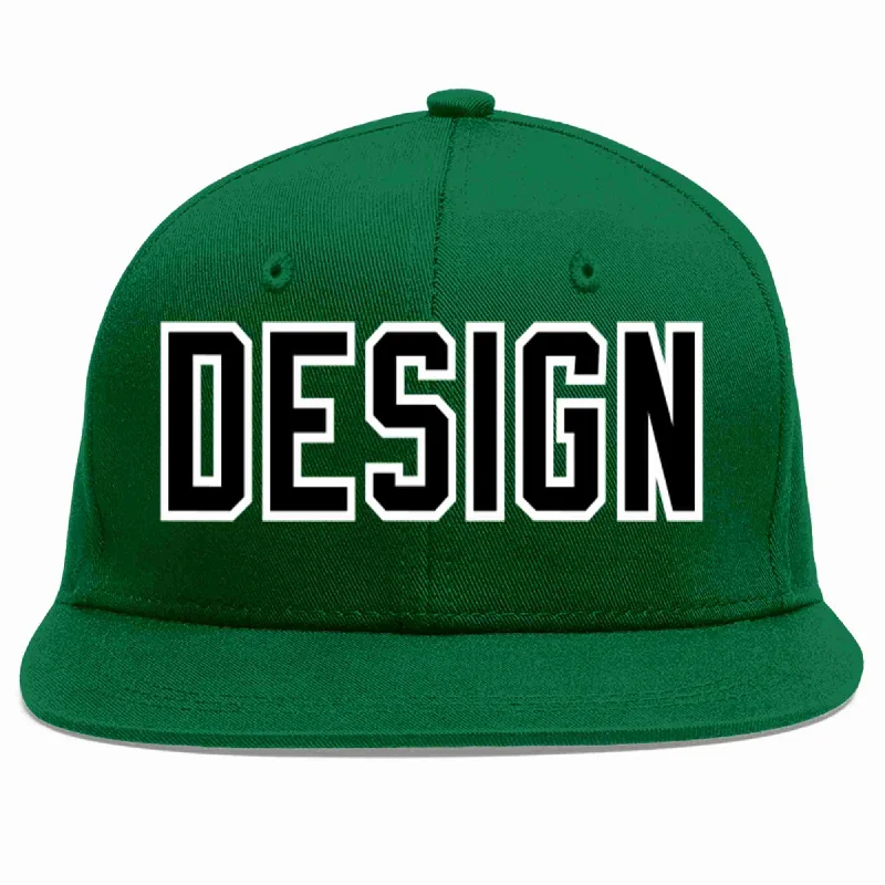 Baseball Cap For Fans And Supporters-Custom Green Black-White Flat Eaves Sport Baseball Cap Design for Men/Women/Youth