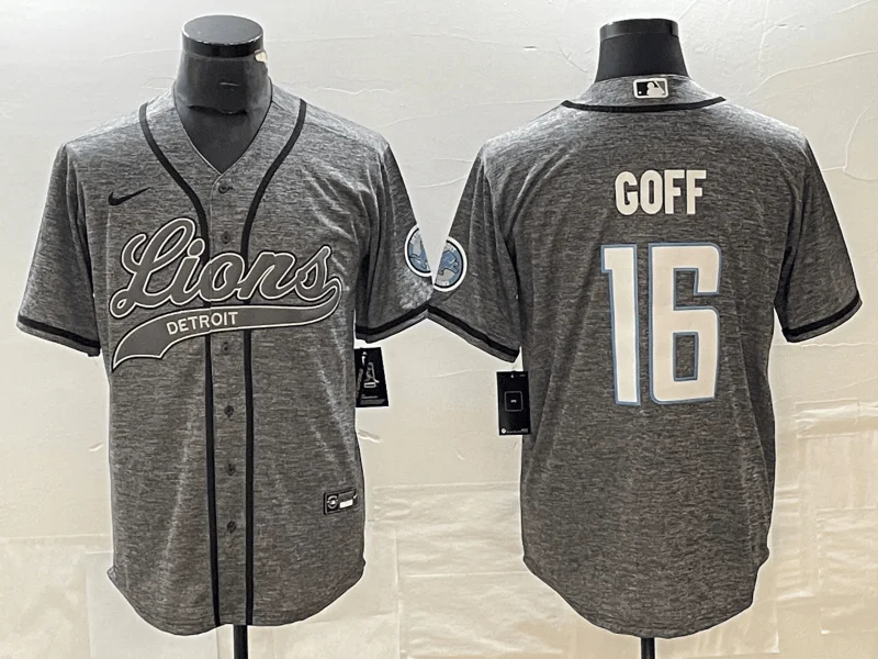 Baseball Jersey For Sports Club Teams-Men's Detroit Lions #16 Jared Goff Grey Gridiron With Patch Cool Base Stitched Baseball Jersey