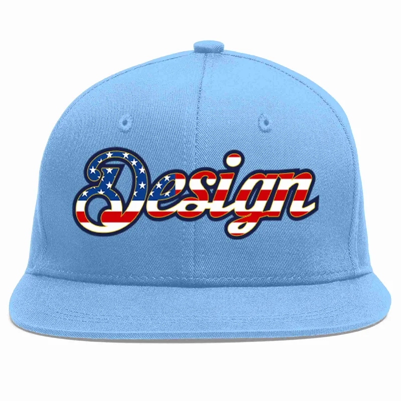 Baseball Cap For Fans Of All Ages-Custom Light Blue Vintage USA Flag-Gold Flat Eaves Sport Baseball Cap Design for Men/Women/Youth