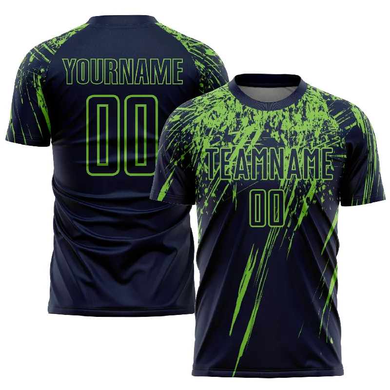 Football Jersey For Group Orders And Discounts-Custom Navy Neon Green Sublimation Soccer Uniform Jersey