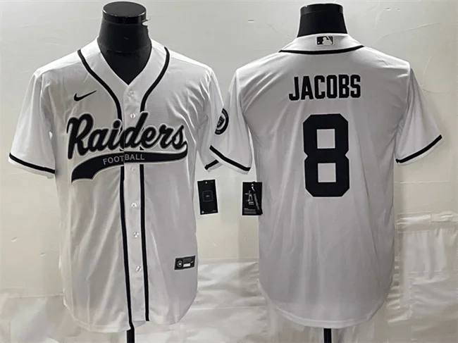 Baseball Jersey For Holiday Gifts-Men's Las Vegas Raiders #8 Josh Jacobs White Cool Base Stitched Baseball Jersey