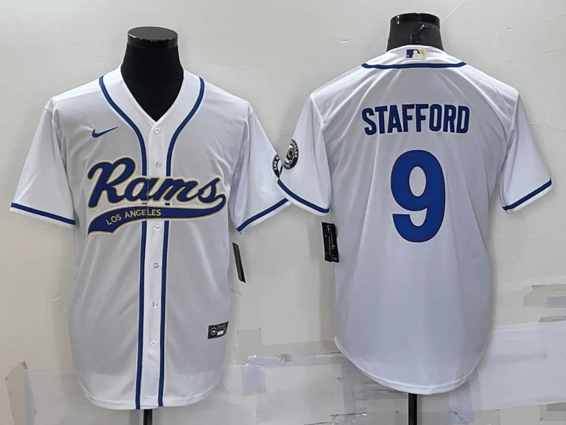 Baseball Jersey For Adult Leagues-Men's Los Angeles Rams #9 Matthew Stafford White Stitched Cool Base Baseball Jersey