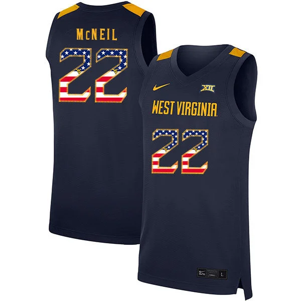 Basketball Jersey For Holiday Gifts-West Virginia Mountaineers 22 Sean McNeil Navy USA Flag Basketball College Basketball Jersey