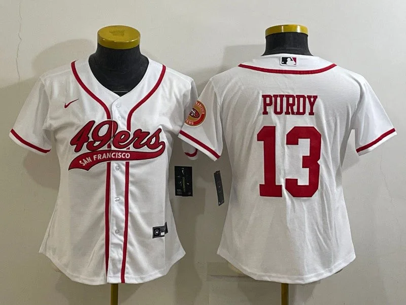 Baseball Jersey For Personalized School Spirit Gear-Women's San Francisco 49ers #13 Brock Purdy White With Patch Cool Base Stitched Baseball Jersey(Run Small)