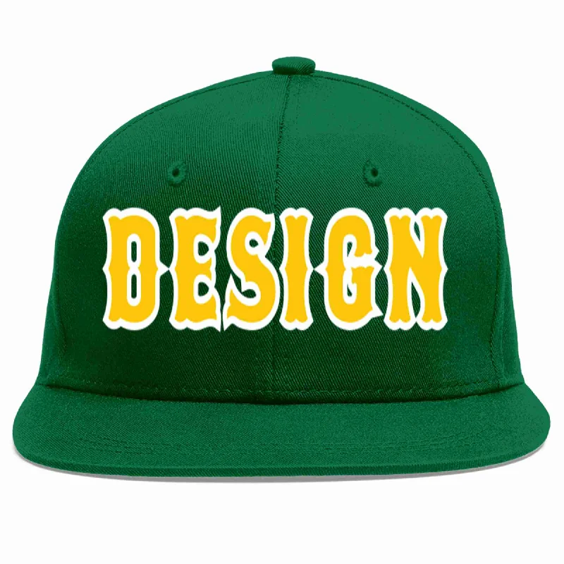 Personalized Baseball Cap-Custom Green Gold-White Flat Eaves Sport Baseball Cap Design for Men/Women/Youth