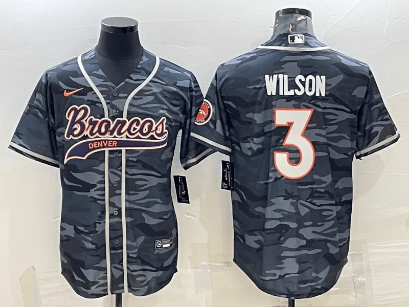 Baseball Jersey For Official Sports Orders-Men's Denver Broncos #3 Russell Wilson Grey Camo With Patch Cool Base Stitched Baseball Jersey