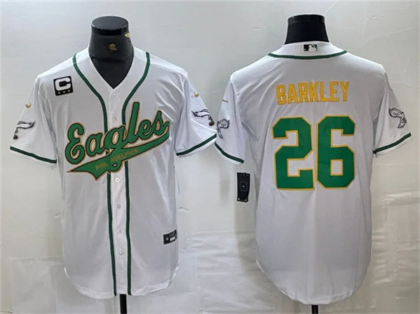 Baseball Jersey For Game Day Gear-Men's Philadelphia Eagles #26 Saquon Barkley White/Gold With 3-star C Patch Cool Base Baseball Stitched Jersey