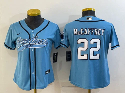 Baseball Jersey For High School Teams-Women's Carolina Panthers #22 Christian McCaffrey Blue With Patch Cool Base Stitched Baseball Jersey(Run Small)