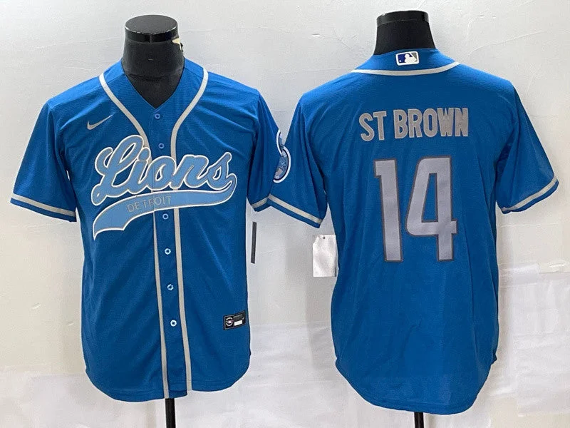 Baseball Jersey For Custom Apparel Printing-Men's Detroit Lions #14 Amon-Ra St. Brown Blue Cool Base Stitched Baseball Jersey