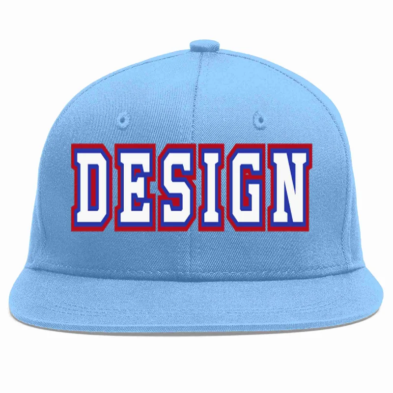 Baseball Cap With Embroidered Logos-Custom Light Blue White-Royal Flat Eaves Sport Baseball Cap Design for Men/Women/Youth