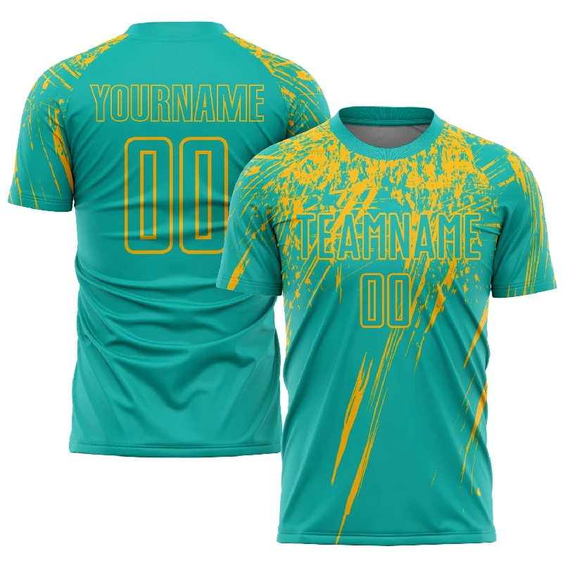 Football Jersey For Custom Fan Apparel Sales-Custom Aqua Gold Sublimation Soccer Uniform Jersey