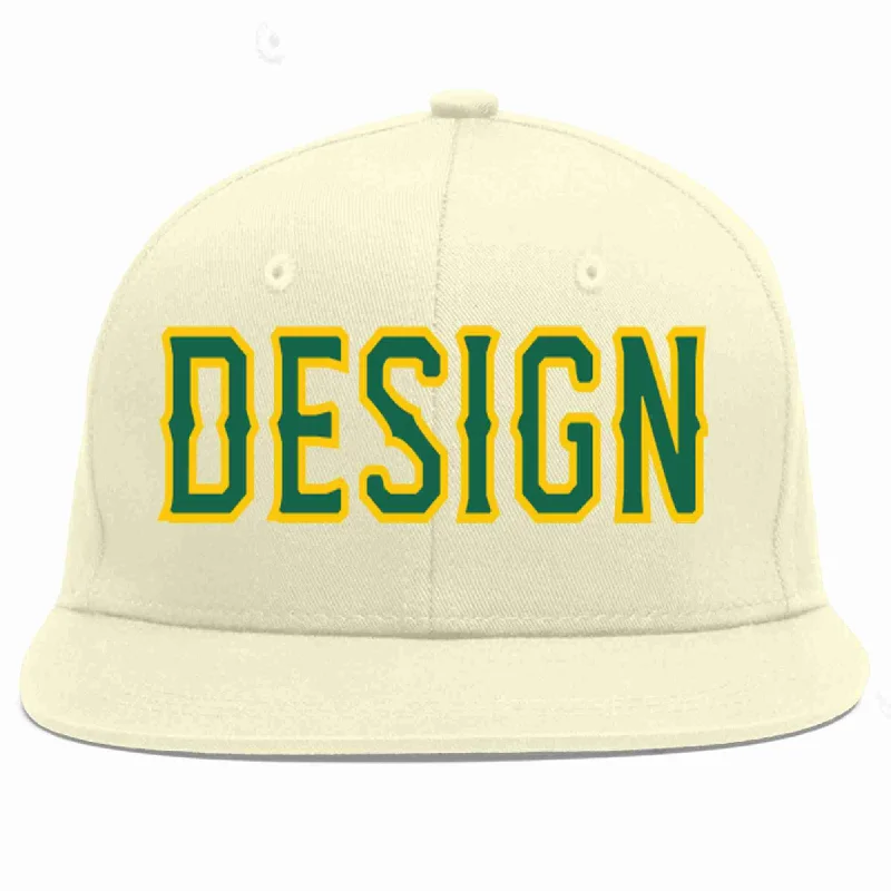 Baseball Cap For Premium Custom Orders-Custom Cream Kelly Green-Gold Flat Eaves Sport Baseball Cap Design for Men/Women/Youth