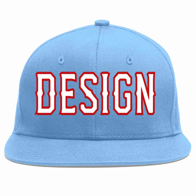 Baseball Cap For Elite Teams-Custom Light Blue White-Red Flat Eaves Sport Baseball Cap Design for Men/Women/Youth