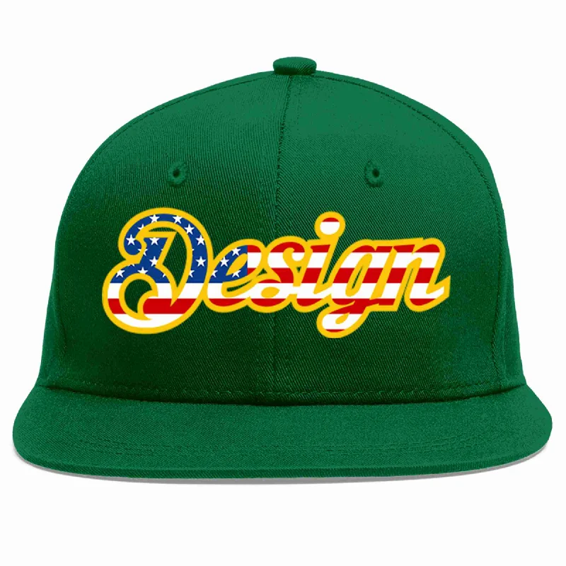 Baseball Cap For Team-Custom Green Vintage USA Flag-Gold Flat Eaves Sport Baseball Cap Design for Men/Women/Youth