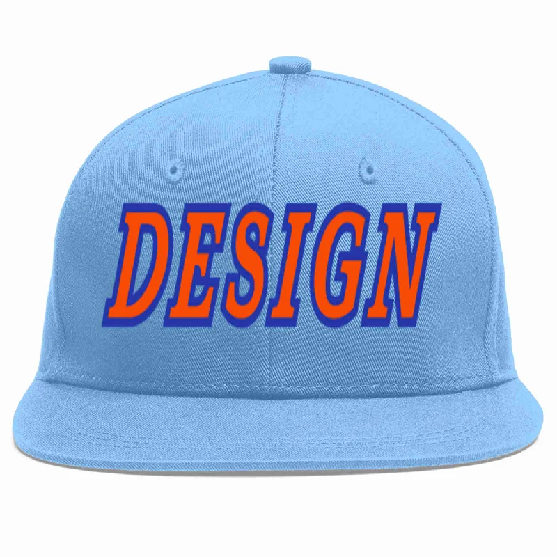 Baseball Cap For Professional Sports Fans-Custom Light Blue Orange-Royal Flat Eaves Sport Baseball Cap Design for Men/Women/Youth