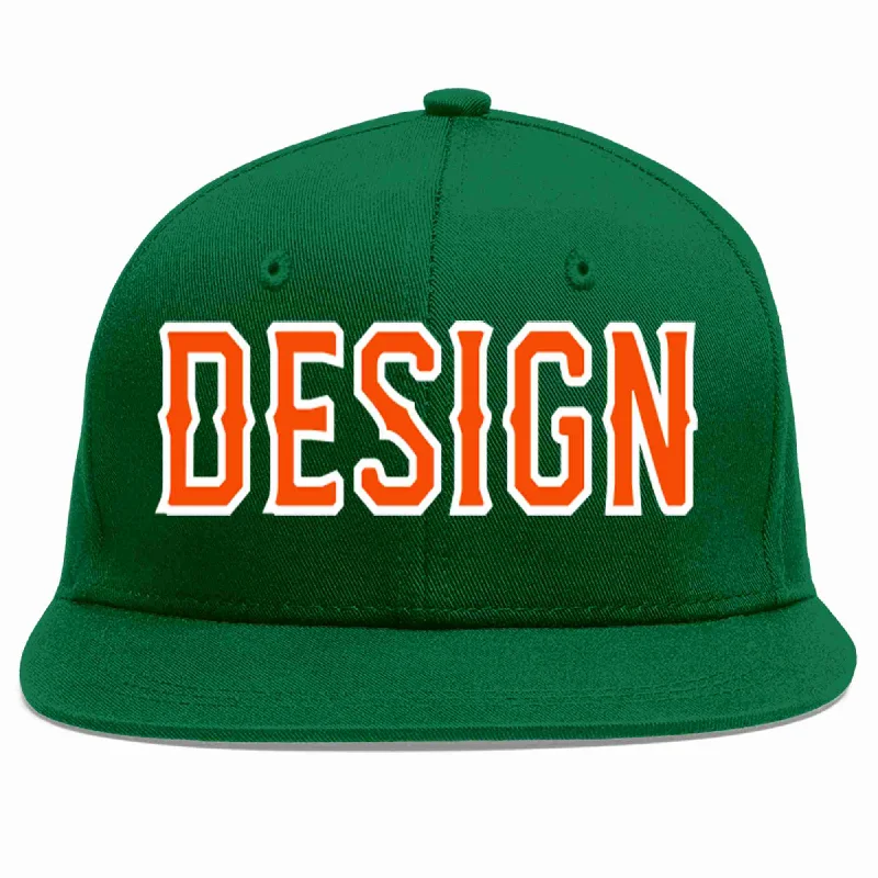 Baseball Cap For Special Edition Merchandise-Custom Green Orange-White Flat Eaves Sport Baseball Cap Design for Men/Women/Youth