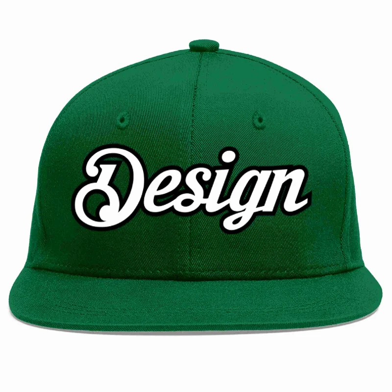 Baseball Cap For Sports Events-Custom Green White-Black Flat Eaves Sport Baseball Cap Design for Men/Women/Youth