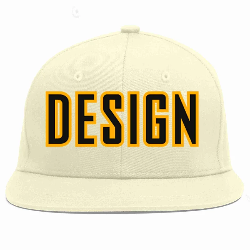 Baseball Cap For Unique Player Designs-Custom Cream Black-Yellow Flat Eaves Sport Baseball Cap Design for Men/Women/Youth