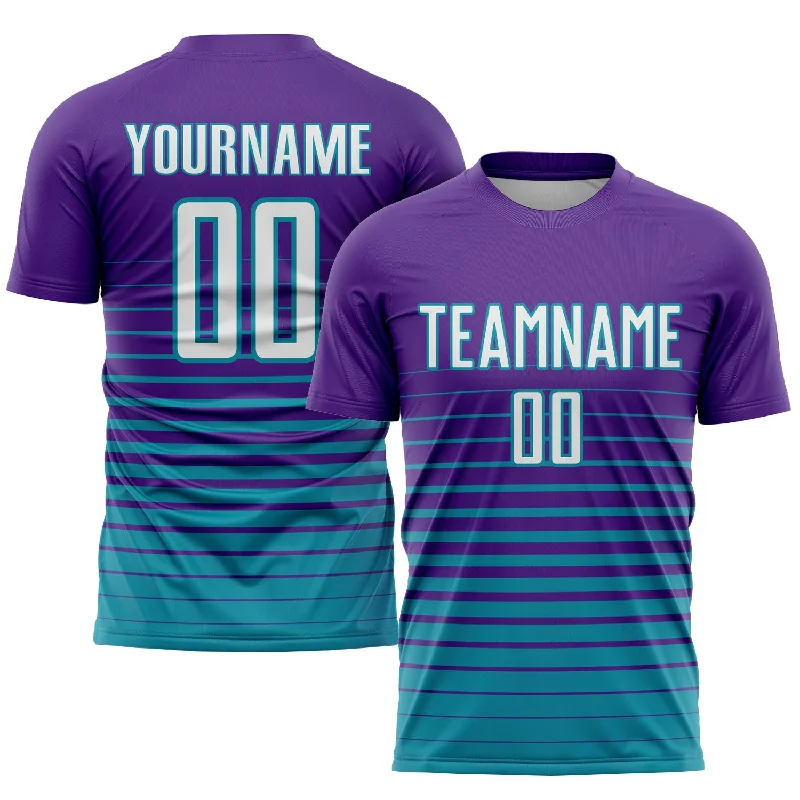 Football Jersey For Special Fan Gifts-Custom Purple White-Teal Pinstripe Fade Fashion Sublimation Soccer Uniform Jersey