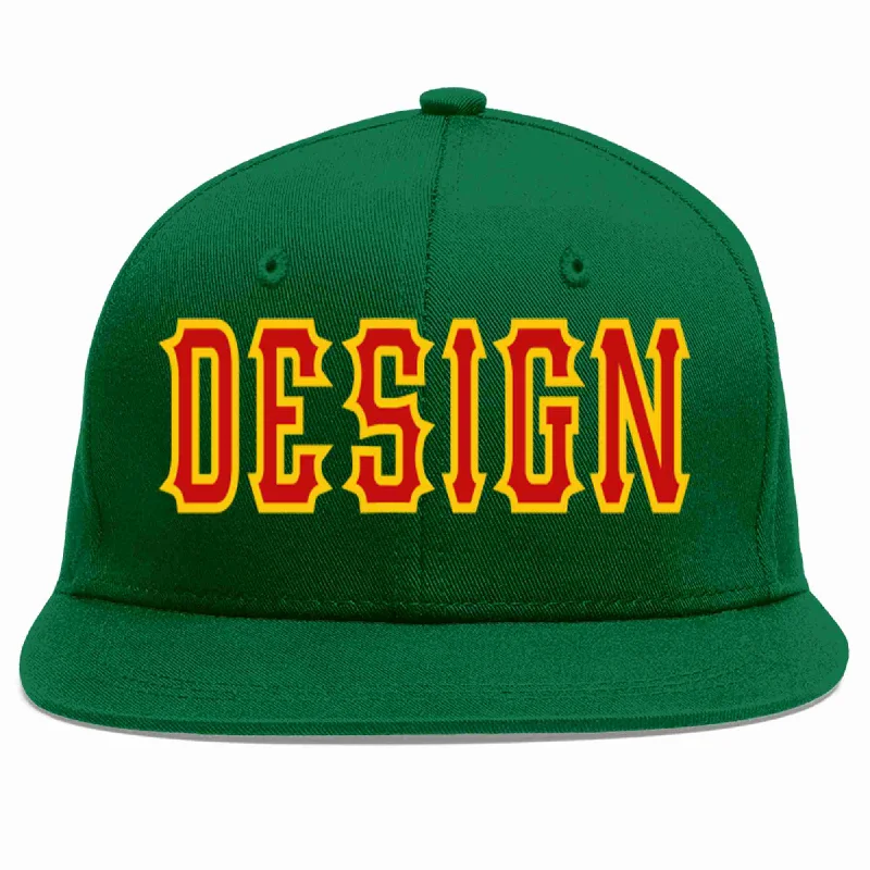 Baseball Cap For Fundraising-Custom Green Red-Yellow Flat Eaves Sport Baseball Cap Design for Men/Women/Youth