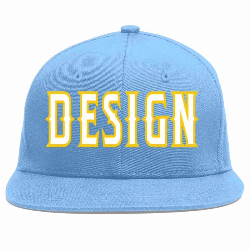 Baseball Cap For Fundraising Apparel-Custom Light Blue White-Gold Flat Eaves Sport Baseball Cap Design for Men/Women/Youth