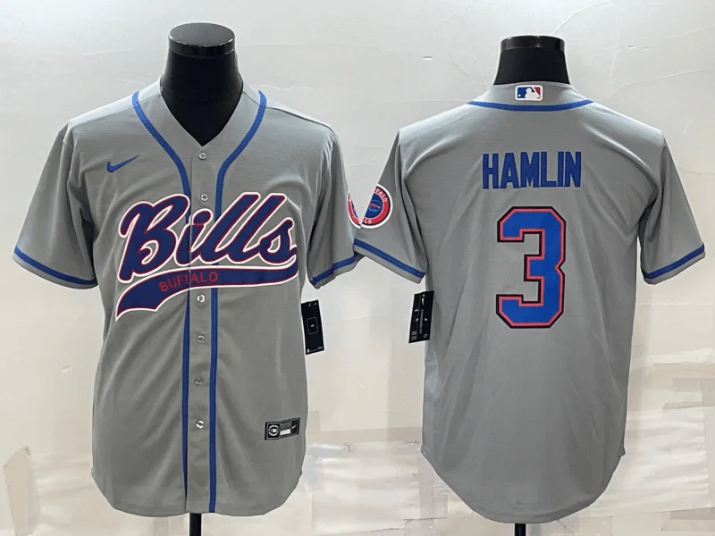 Baseball Jersey For Softball And Baseball Fans-Men's Buffalo Bills #3 Damar Hamlin Grey With Patch Cool Base Stitched Baseball Jersey