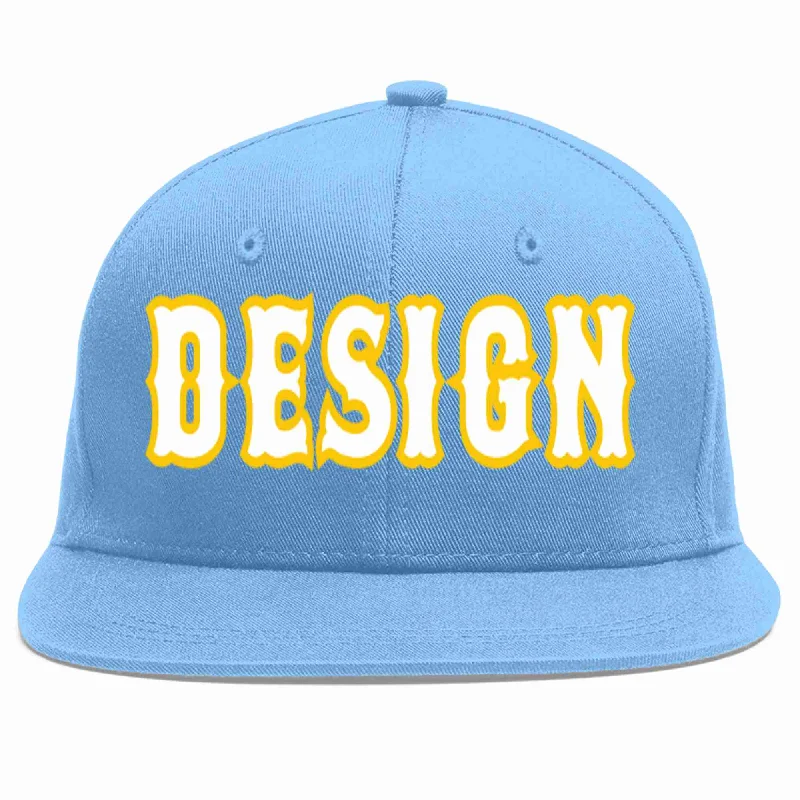 Baseball Cap For Premium Custom Orders-Custom Light Blue White-Gold Flat Eaves Sport Baseball Cap Design for Men/Women/Youth