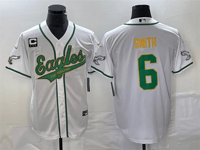 Baseball Jersey For Personalized Orders-Men's Philadelphia Eagles #6 DeVonta Smith White Gold With C Patch Cool Base Stitched Baseball Jersey