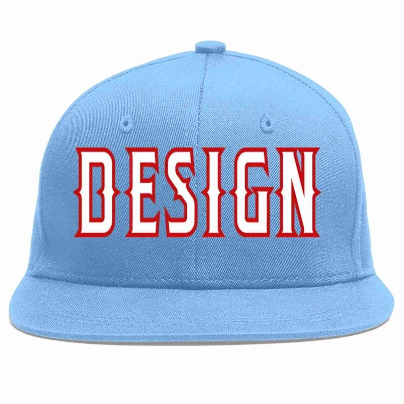 Baseball Cap For Exclusive Designs-Custom Light Blue White-Red Flat Eaves Sport Baseball Cap Design for Men/Women/Youth