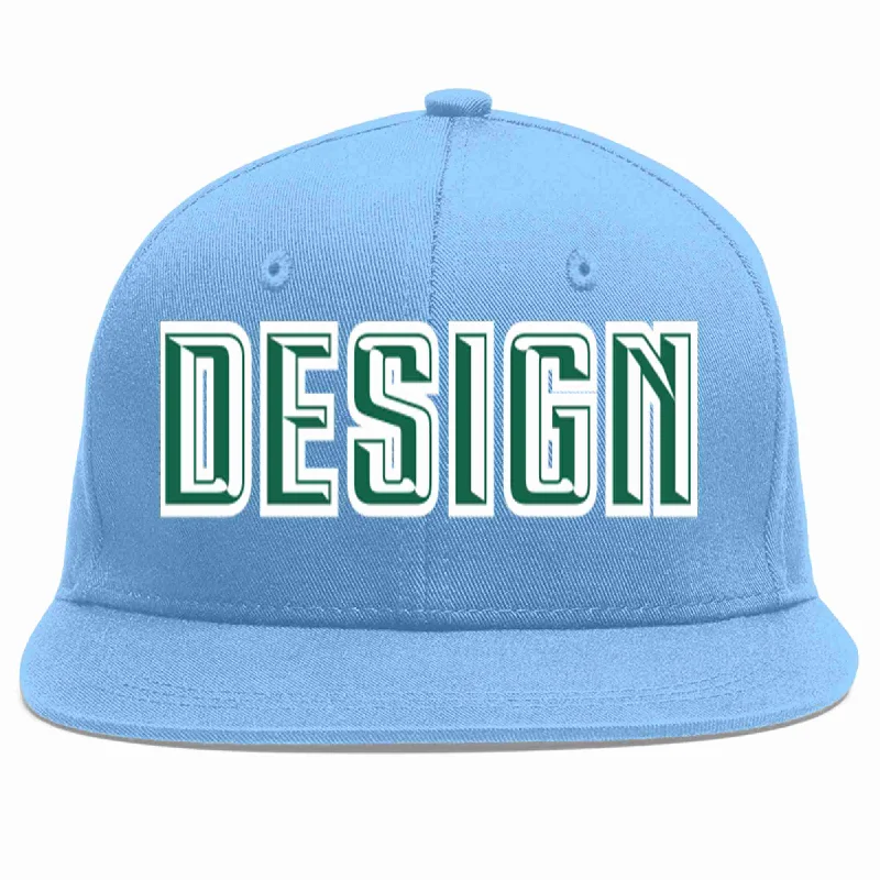 Baseball Cap For Team Outfits-Custom Light Blue Kelly Green-White Flat Eaves Sport Baseball Cap Design for Men/Women/Youth