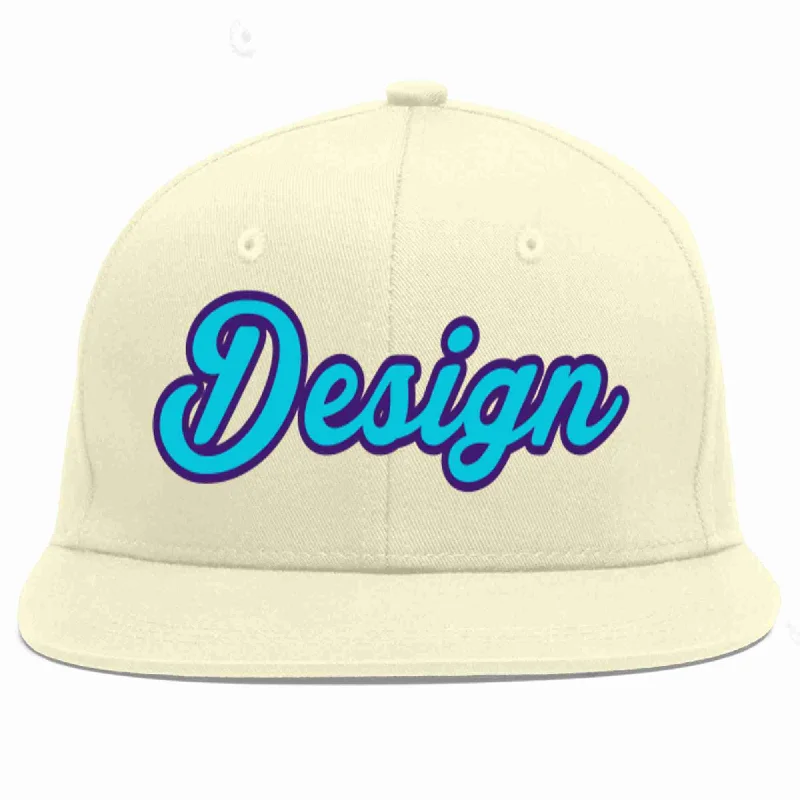 Baseball Cap For Sports Leagues-Custom Cream Light Blue-purple Flat Eaves Sport Baseball Cap Design for Men/Women/Youth