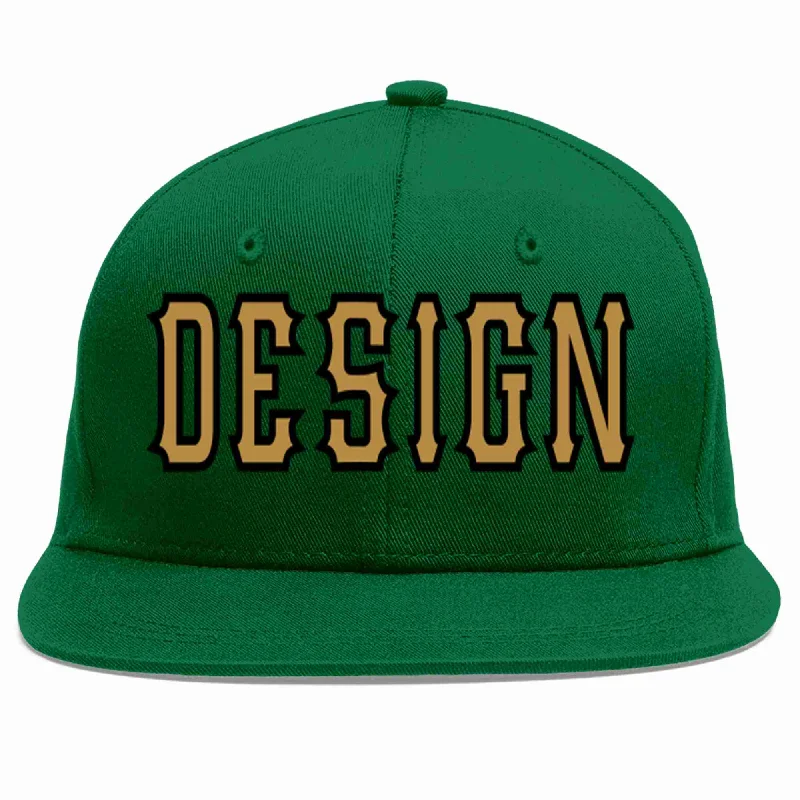 Baseball Cap For Game Day Outfits-Custom Green Old Gold-Black Flat Eaves Sport Baseball Cap Design for Men/Women/Youth