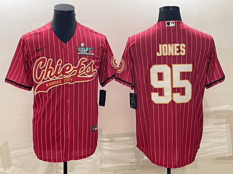 Baseball Jersey For High-Quality Customization-Men's Kansas City Chiefs #95 Chris Jones Red With Super Bowl LVII Patch Cool Base Stitched Baseball Jersey