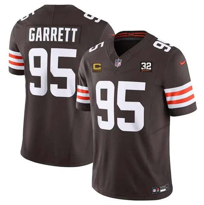 Football Jersey With Custom Logo Design-Men's Cleveland Browns #95 Myles Garrett Brown 2023 F.U.S.E. With 4-Star C Patch And Jim Brown Memorial Patch Vapor Untouchable Limited Football Stitched Jersey