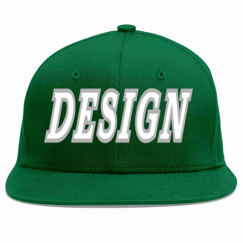 Baseball Cap For Fundraising Events-Custom Green White-Gray Flat Eaves Sport Baseball Cap Design for Men/Women/Youth