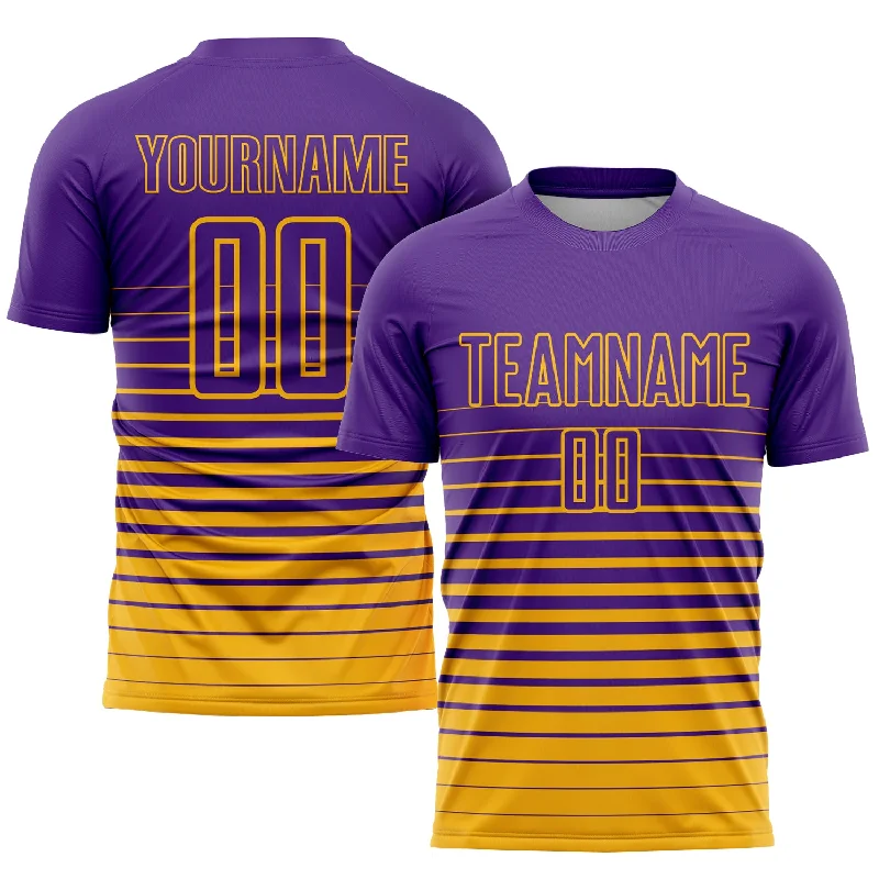 Football Jersey For Personalized Fan Gear-Custom Purple Gold Pinstripe Fade Fashion Sublimation Soccer Uniform Jersey