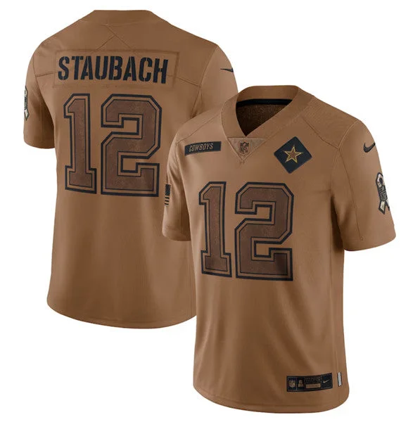 Football Jersey For Football Leagues-Men's Dallas Cowboys #12 Roger Staubach 2023 Brown Salute To Service Limited Football Stitched Jersey