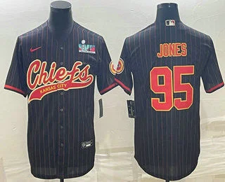 Baseball Jersey For Player Team Orders-Men's Kansas City Chiefs #95 Chris Jones Black Pinstripe With Super Bowl LVII Patch Cool Base Stitched Baseball Jersey