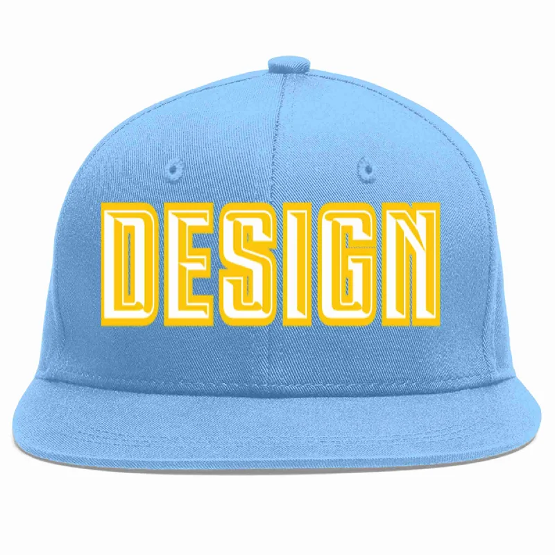 Baseball Cap For Tournament Support-Custom Light Blue White-Gold Flat Eaves Sport Baseball Cap Design for Men/Women/Youth